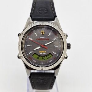 Timex Expedition Ana Dig Men Watch 38MM Dark Gray Dial Leather Bands New Battery